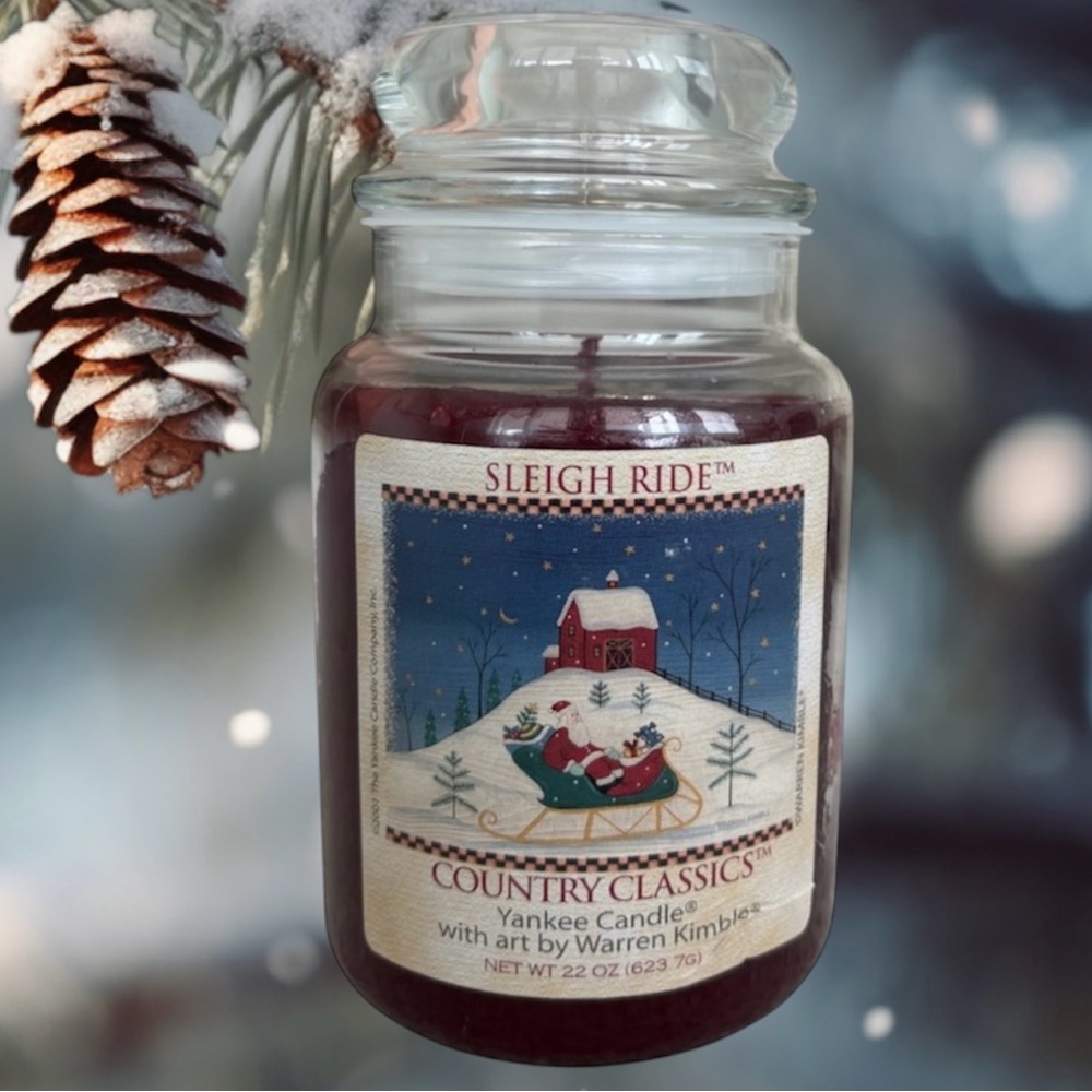 Yankee Candle Jar Sleigh Ride Rare Vintage Christmas Warren Kimble Burgundy Red